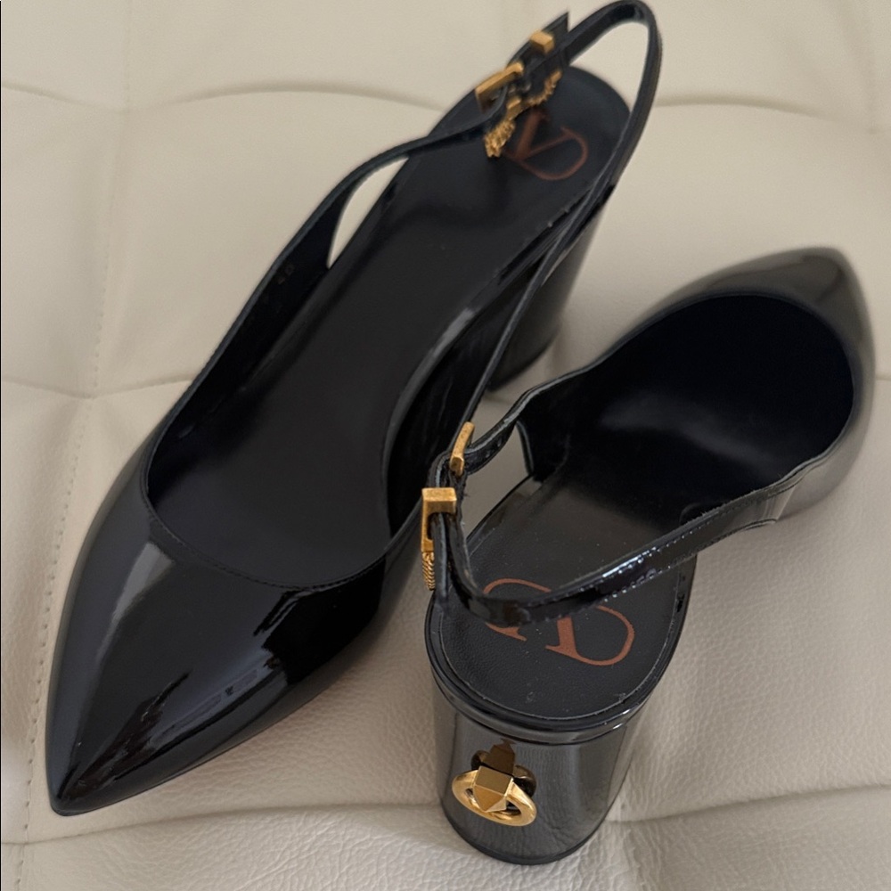 Valentino Garavani Glossy Black Wedges with Gold Accents
